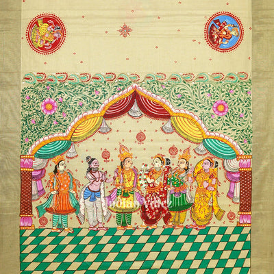 Cream Kerala Tissue Marriage Theme Hand-Painted Pattachitra Saree