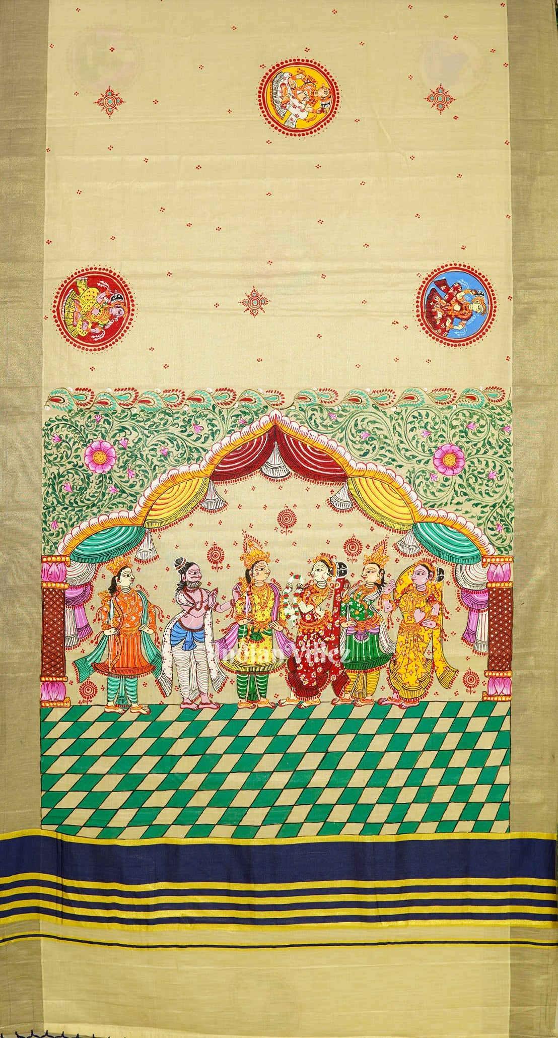 Cream Kerala Tissue Marriage Theme Hand-Painted Pattachitra Saree