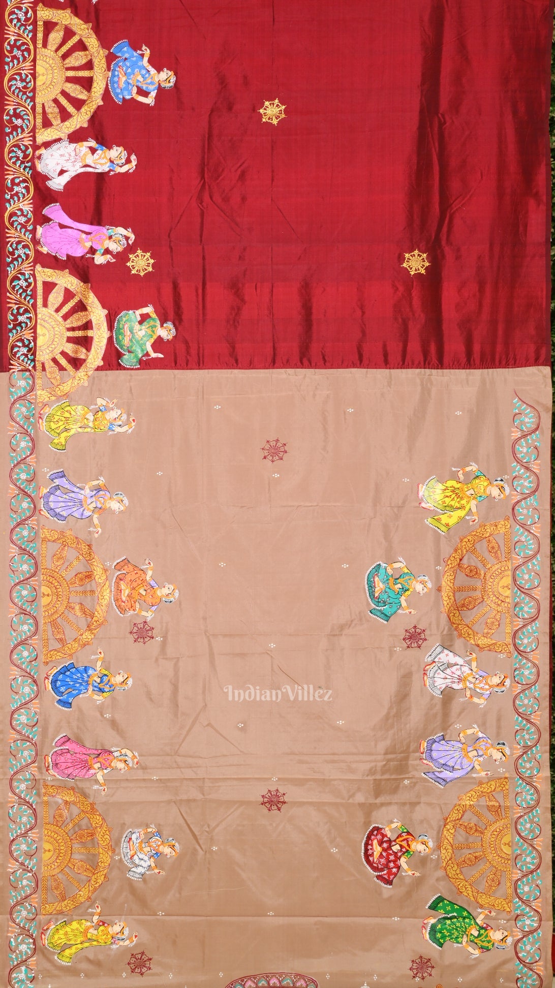 Beige Cream Maroon Nataki Konark Temple Hand-Painted Pattachitra Saree