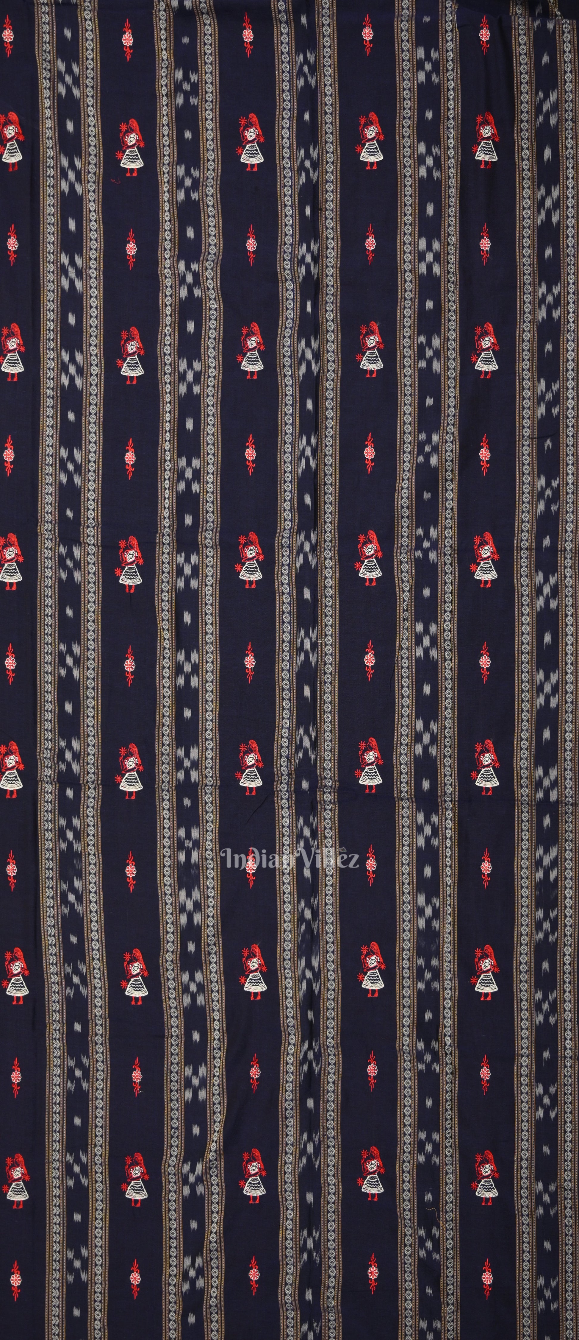 Blue Red Doll Odisha Ikat Sambalpuri Cotton Dress set with Dupatta