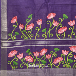 Blue Lotus Theme Hand-Painted Pattachitra Saree