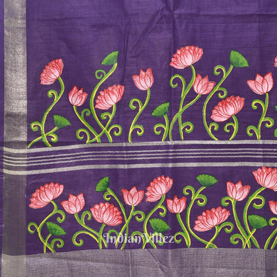 Blue Lotus Theme Hand-Painted Pattachitra Saree