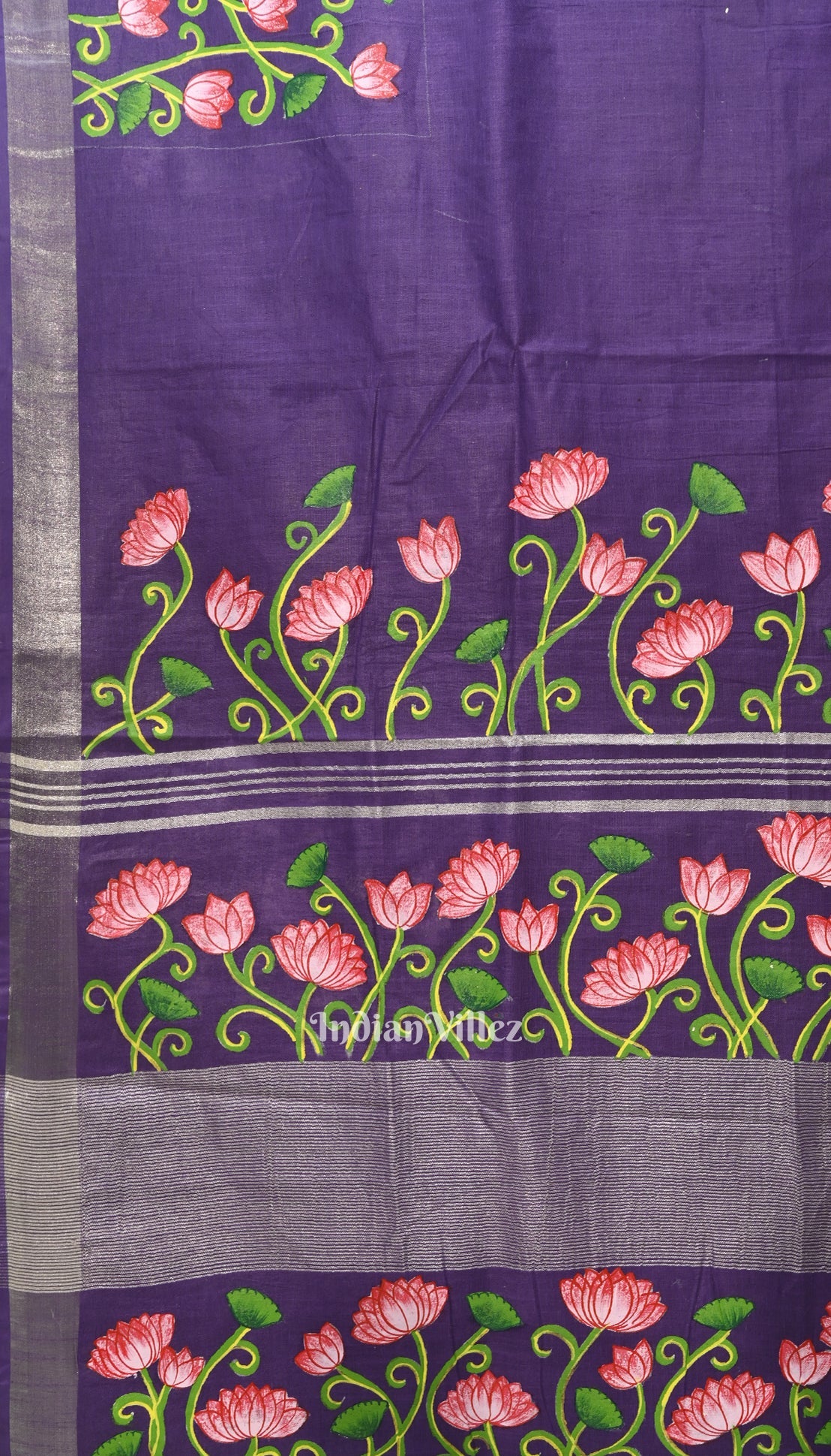 Blue Lotus Theme Hand-Painted Pattachitra Saree