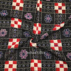 Black with MultiColor Pasapali Theme Sambalpuri Ikat Cotton Fabric