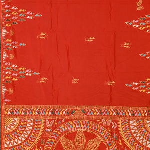 Fine & Elegant Orange Tribal Theme Hand-Painted Pattachitra Saree
