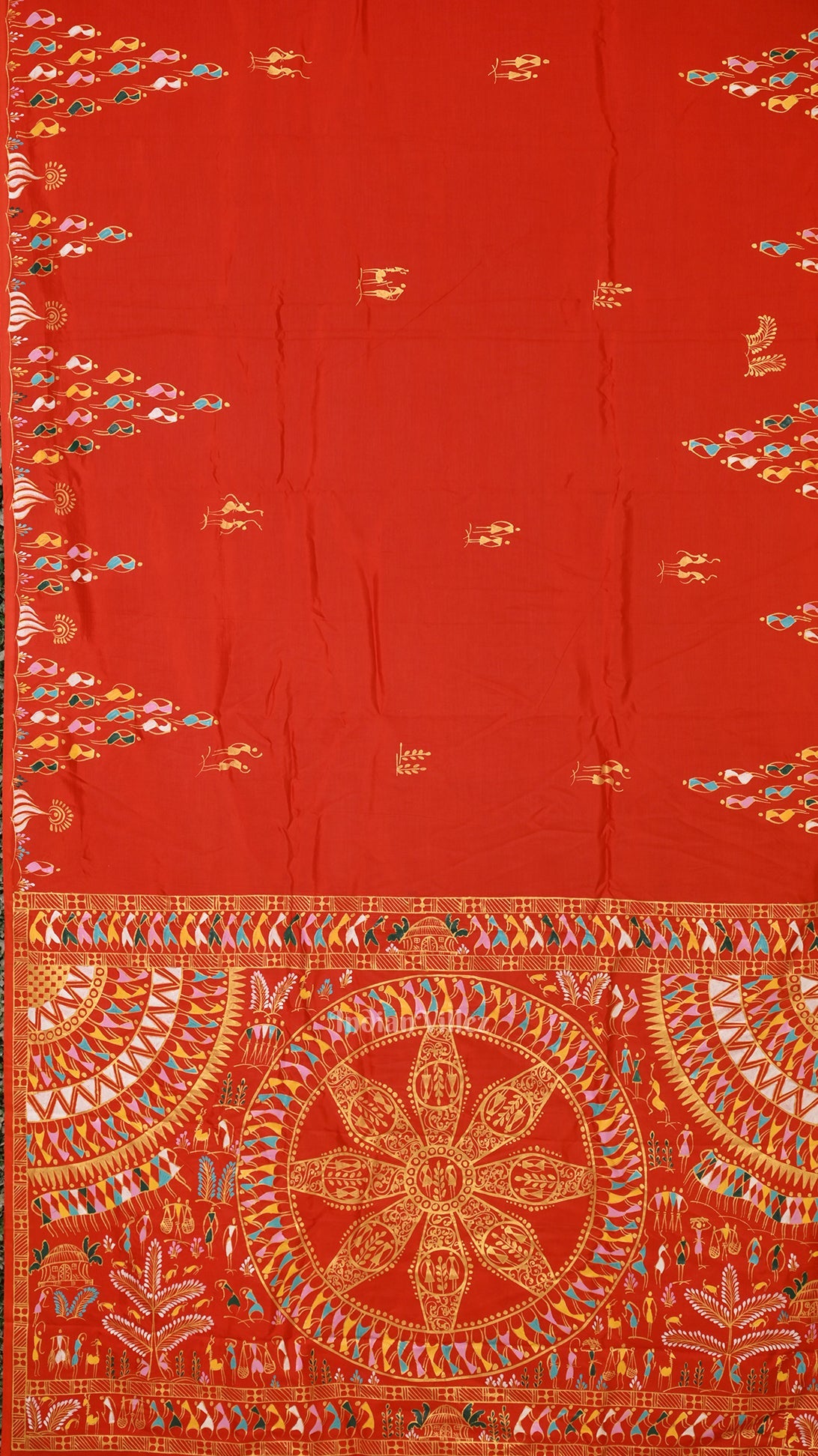 Fine & Elegant Orange Tribal Theme Hand-Painted Pattachitra Saree