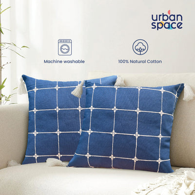 Embroidered Cotton Cushion Cover, for Sofa, Bedroom, Living Room - Set of 2 - Aura Checks Indigo