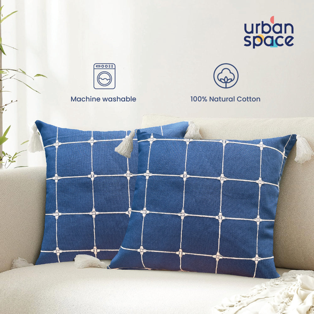 Embroidered Cotton Cushion Cover, for Sofa, Bedroom, Living Room - Set of 2 - Aura Checks Indigo