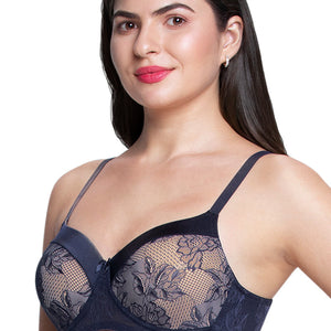 Satin Touch Padded Non-Wired Lace Bra - Evening Blue