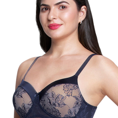Satin Touch Padded Non-Wired Lace Bra - Evening Blue