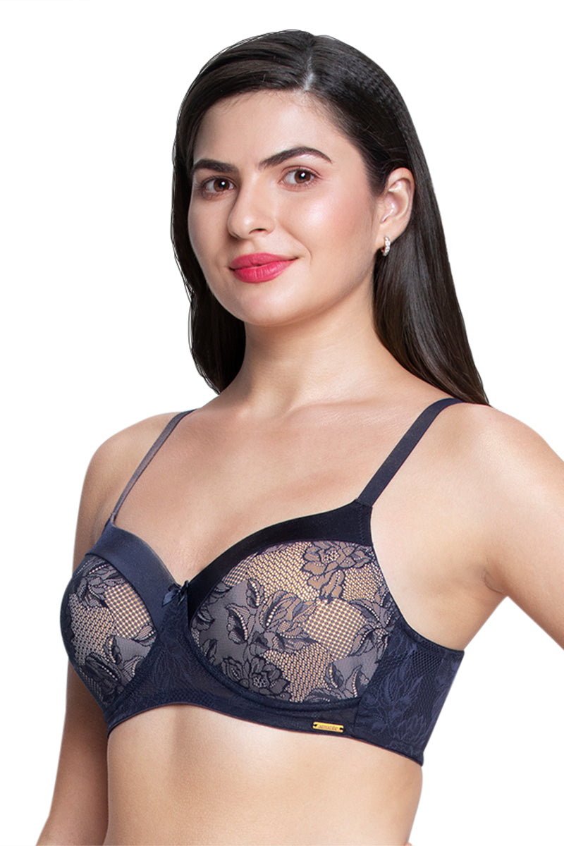 Satin Touch Padded Non-Wired Lace Bra - Evening Blue