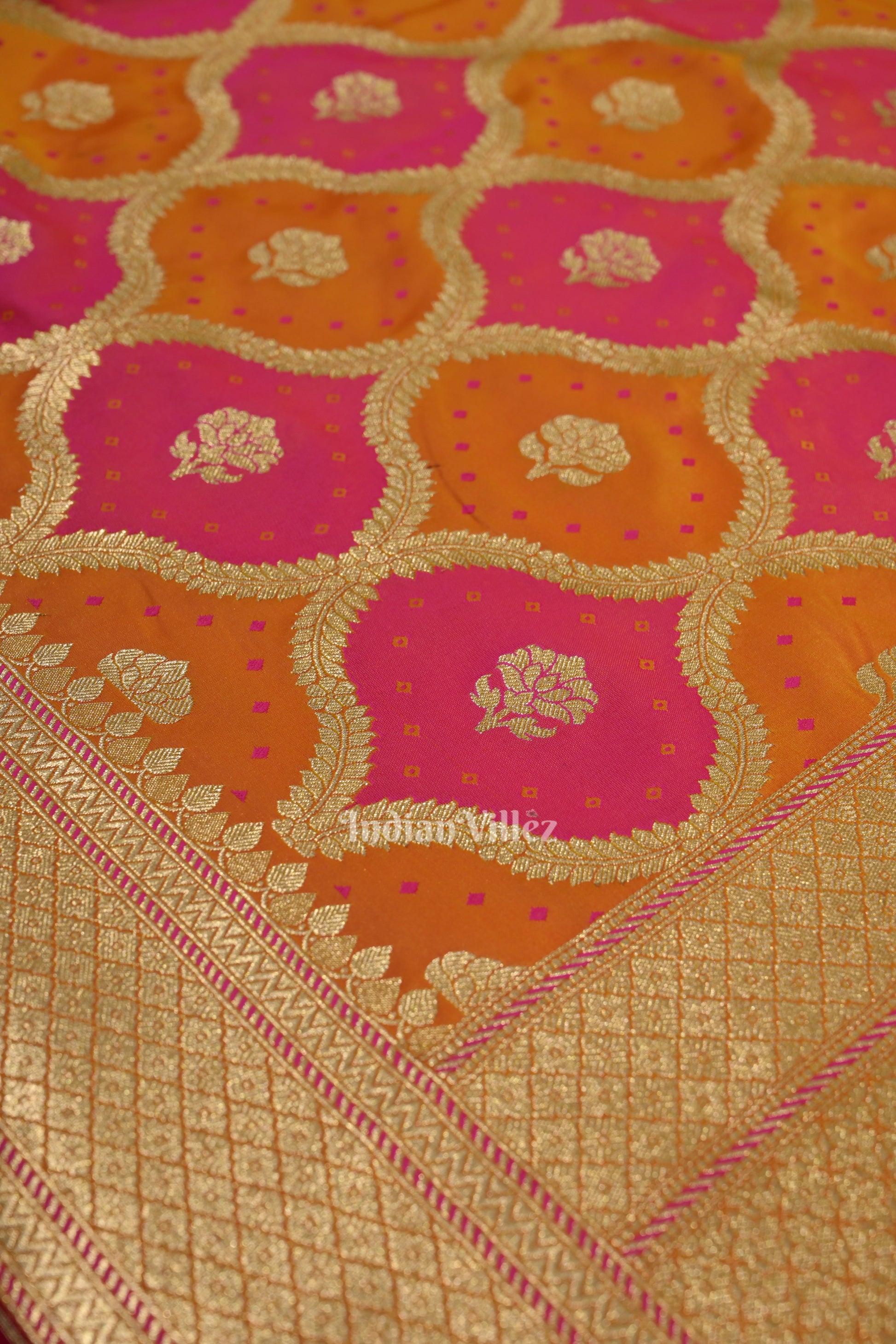 Yellow Rani Pink Rangkat Mashru Satin Silk Banarasi Saree