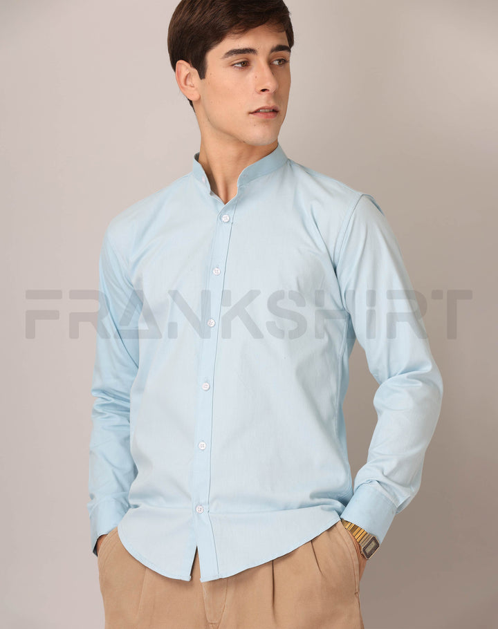 Frankshirt Chinese Collar Light Blue Tailored Fit Cotton Casual Shirt for Man