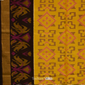 Yellow with Coffee  Handloom Pochampally Ikat Silk Saree