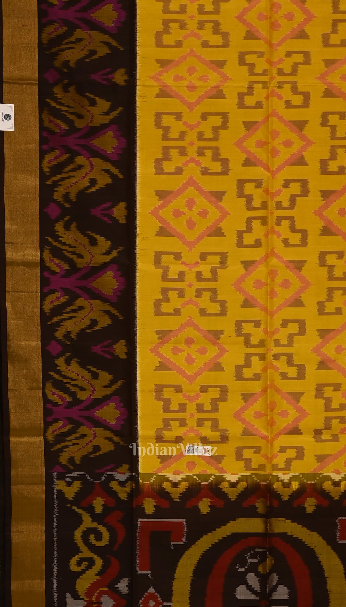 Yellow with Coffee  Handloom Pochampally Ikat Silk Saree