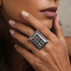 trueBrowns Silver Tone Rectangular Stone Ring