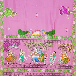 Pink Krishna Rasa Leela Theme Hand-Painted Pattachitra Saree
