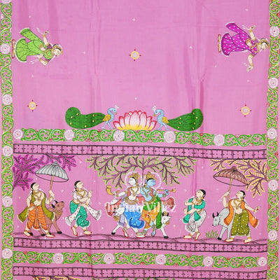 Pink Krishna Rasa Leela Theme Hand-Painted Pattachitra Saree