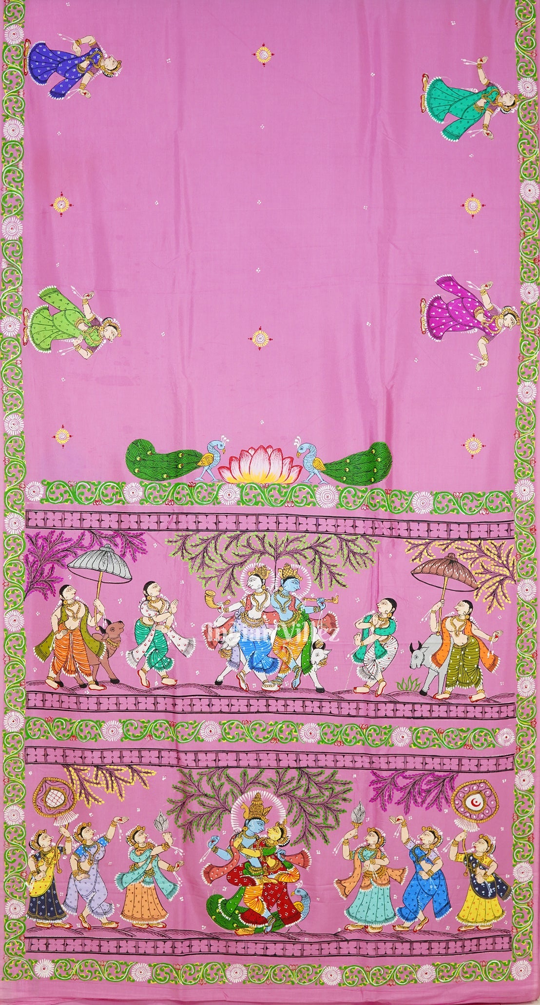 Pink Krishna Rasa Leela Theme Hand-Painted Pattachitra Saree