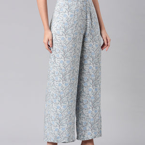Women Blue Woven Viscose Mid Rise Printed Palazzo