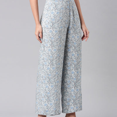 Women Blue Woven Viscose Mid Rise Printed Palazzo