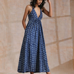 Indigo Dabu Floral Print Cotton Sleeveless Dress | Relove