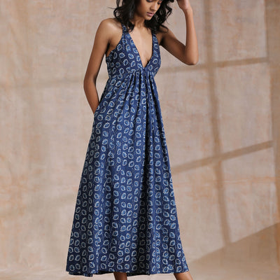 Indigo Dabu Floral Print Cotton Sleeveless Dress | Relove