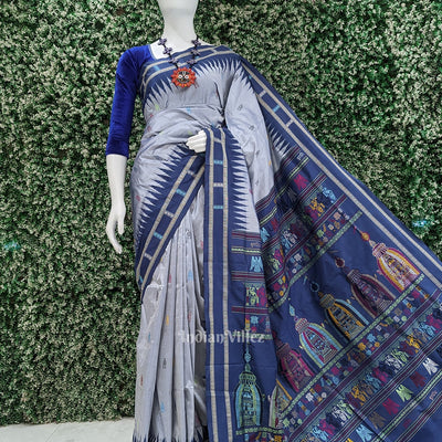 Silver Blue Shree Mandir Theme Bomkai Sambalpuri Ikat Silk Saree