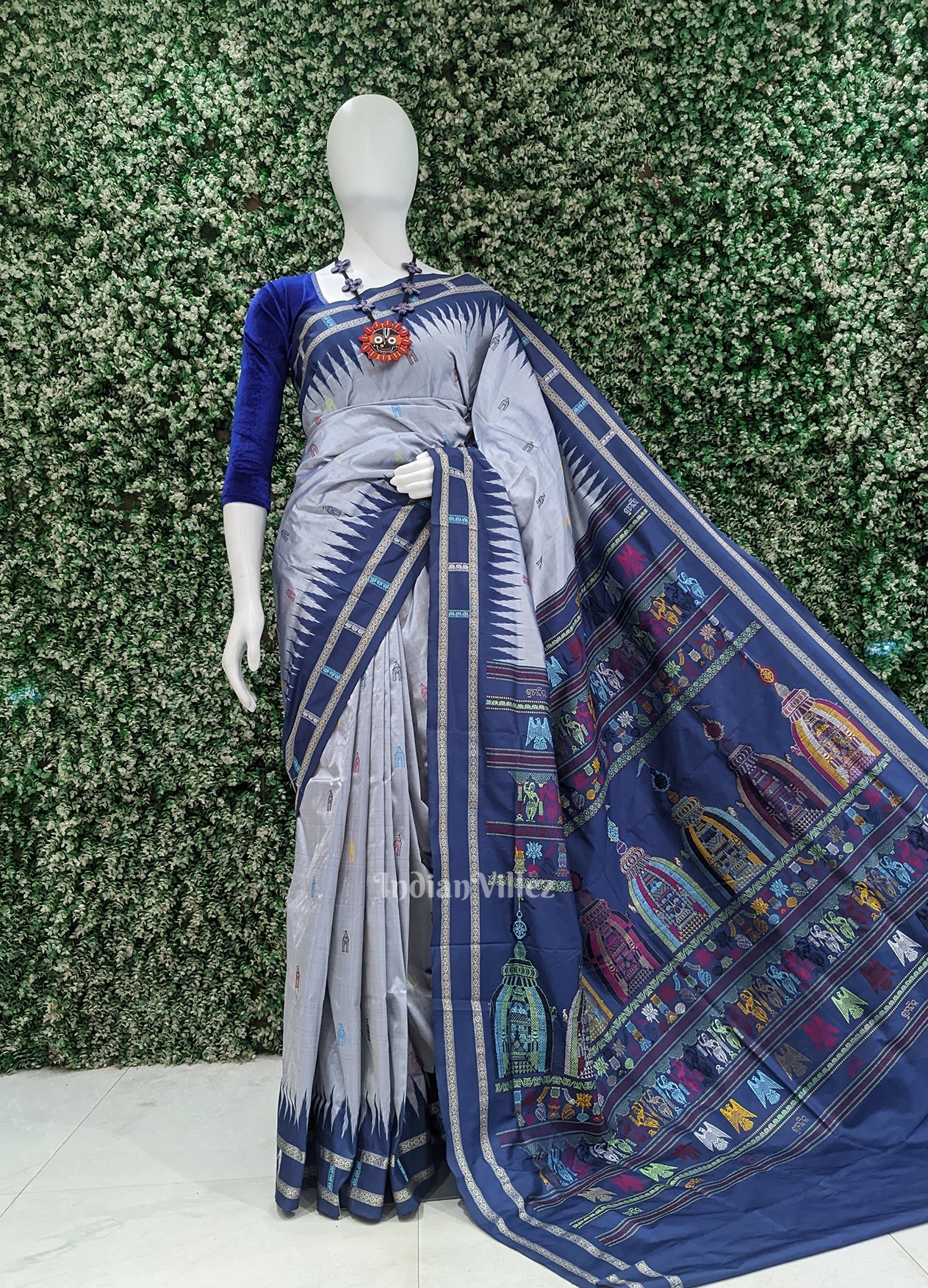 Silver Blue Shree Mandir Theme Bomkai Sambalpuri Ikat Silk Saree