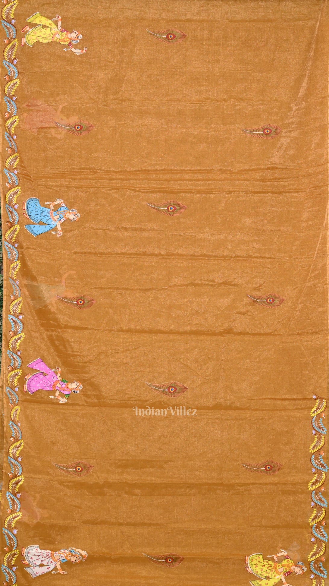 Honey Gold Radha  Krishna Theme Hand- Painted Pattachitra Saree