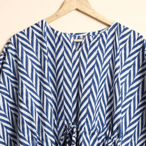 Blue - Hand Block Printed Cotton Kaftan & Pyjama Night Suit Set