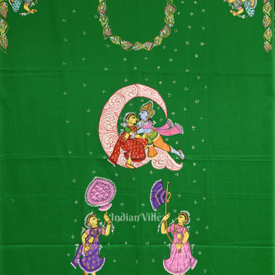 Green Ardha Chandra Krishna Rasa Leela Theme Pattachitra Kurti Dress Material (Pre Order)