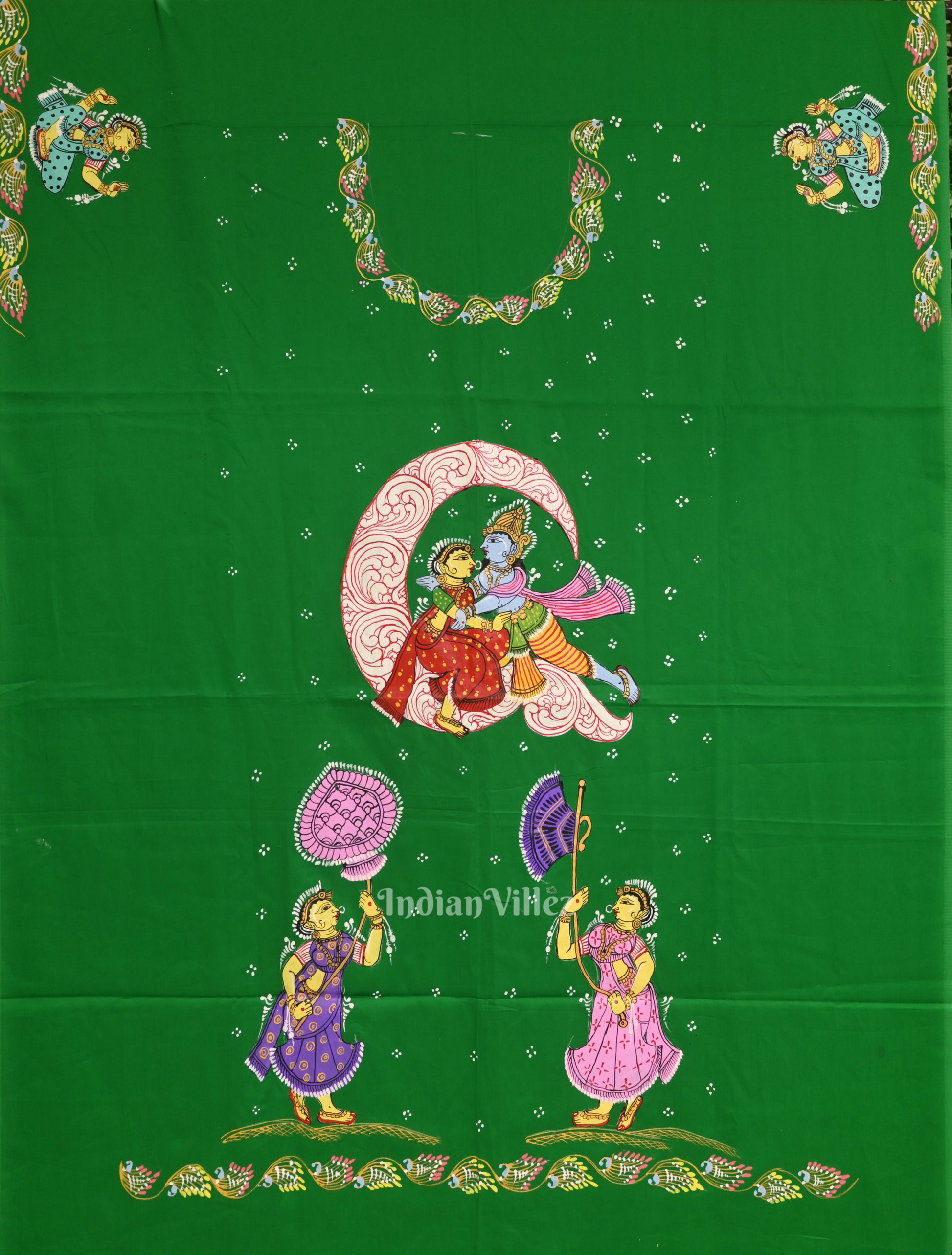 Green Ardha Chandra Krishna Rasa Leela Theme Pattachitra Kurti Dress Material (Pre Order)