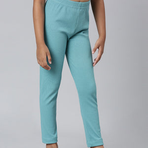 Girls Solid Dark Mint Mid Rise Rib Leggings