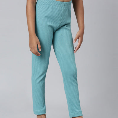 Girls Solid Dark Mint Mid Rise Rib Leggings