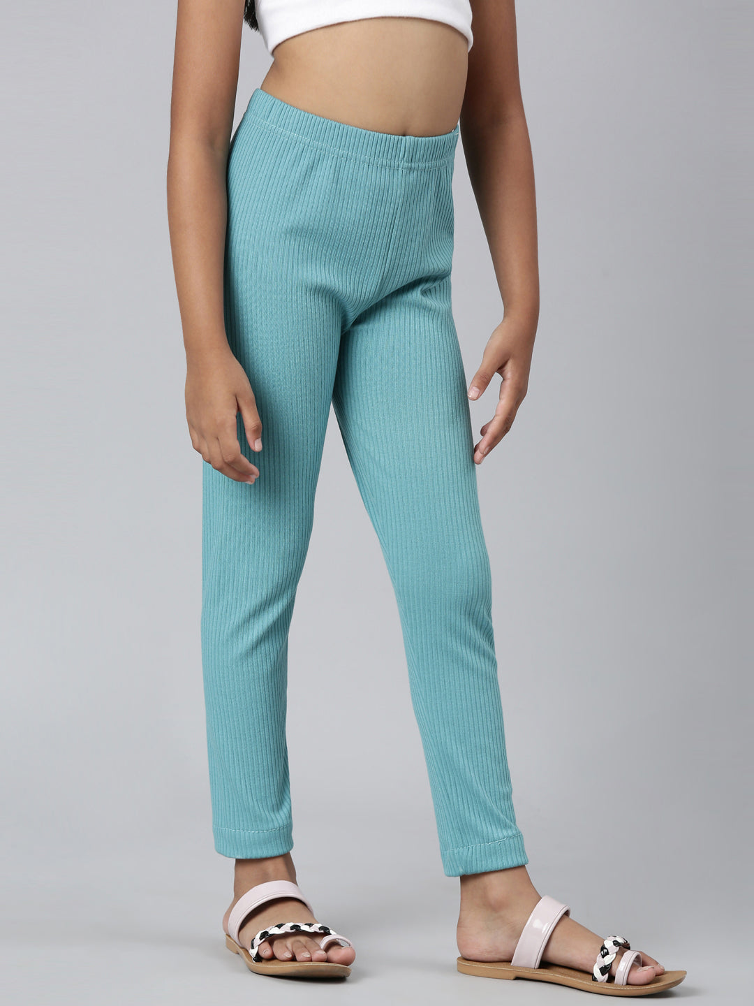 Girls Solid Dark Mint Mid Rise Rib Leggings