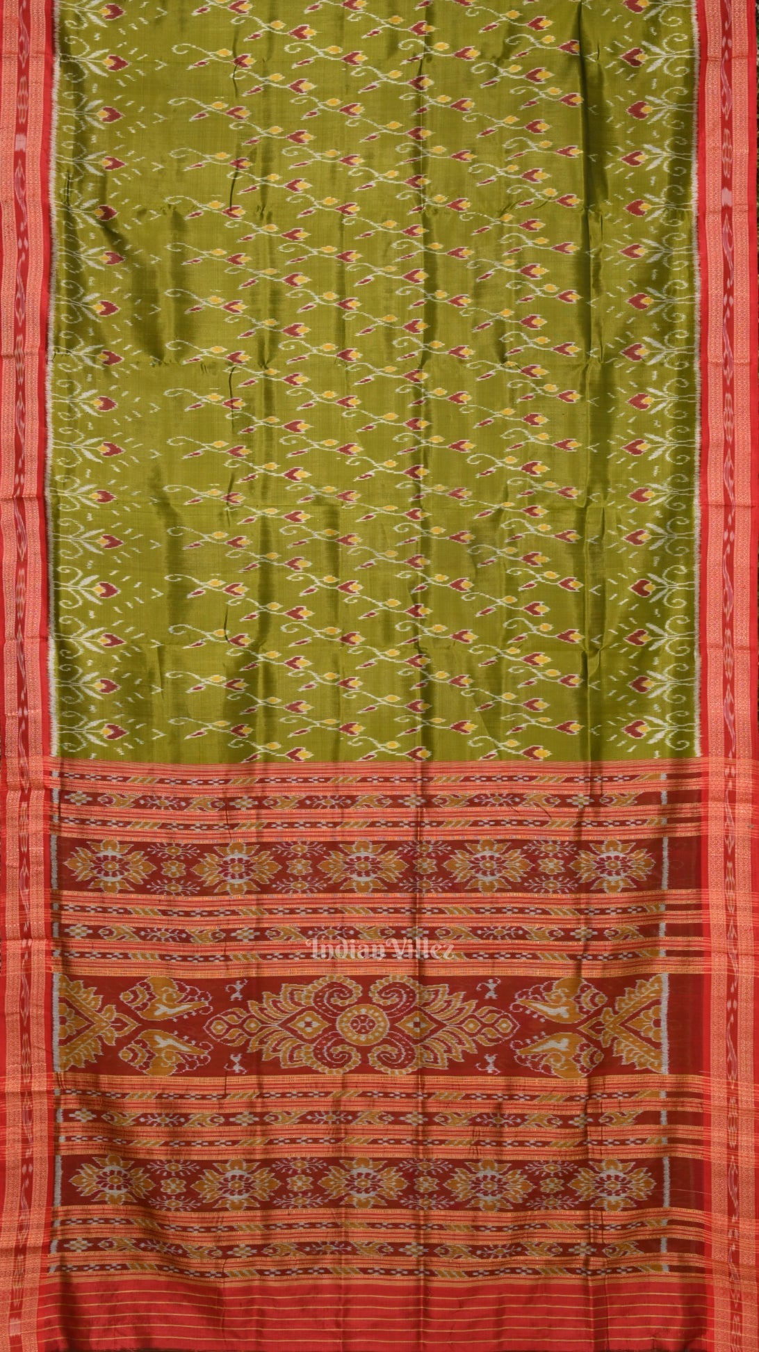 Mehendi Green Red Flower Motif Odisha Ikat Khandua Silk saree
