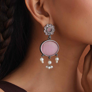 trueBrowns Silver Tone Pink Stone Dangle Earrings
