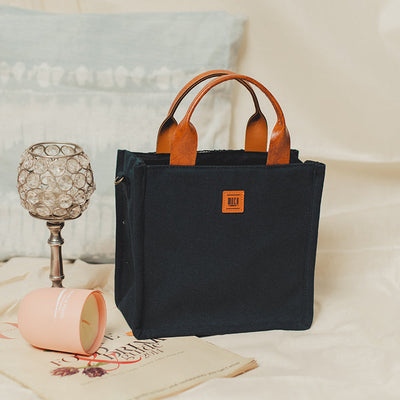 Black - Tulip Blue Chain Stitch Hand Embroidery Canvas Mini Book Bag