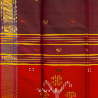 Red With Coffee Dual Tone Pure Bishnupuri  Silk Saree