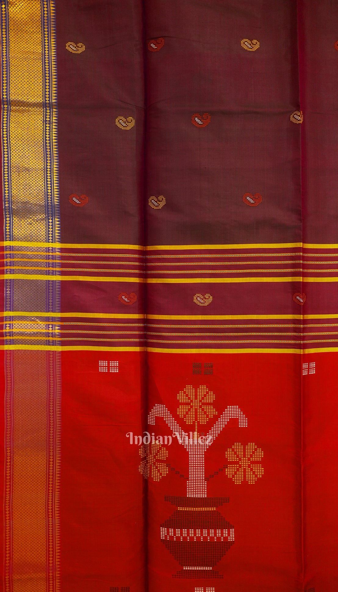 Red With Coffee Dual Tone Pure Bishnupuri  Silk Saree