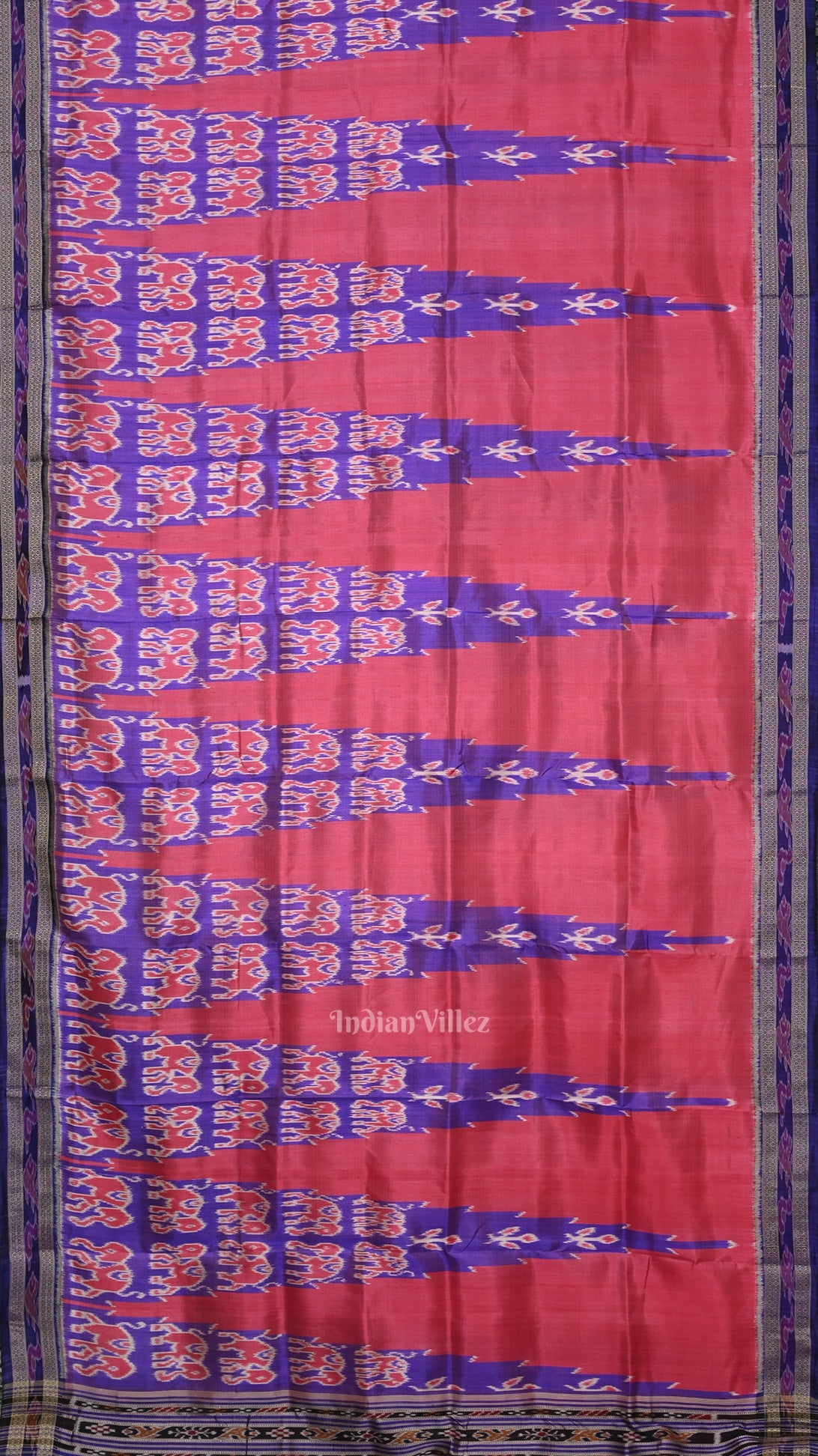 Pink Blue Elephant Theme Odisha Ikat Khandua Silk saree