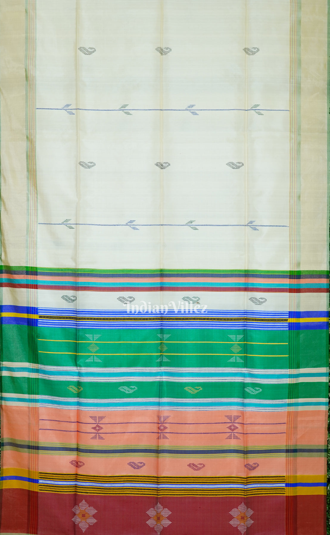 Cream With Multicolor Handwoven Bishnupuri Double Pallu Silk Saree