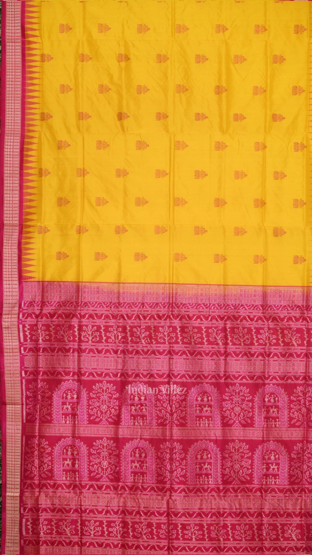 Dark Yellow with Rani Pink Bomkai  Sambalpuri Silk Saree