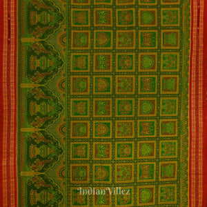 Parrot Green with Pure Red Sambalpuri Ikat Silk*Cotton (Bapta) Saree
