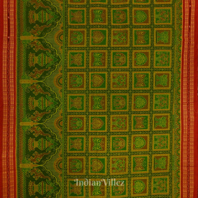 Parrot Green with Pure Red Sambalpuri Ikat Silk*Cotton (Bapta) Saree