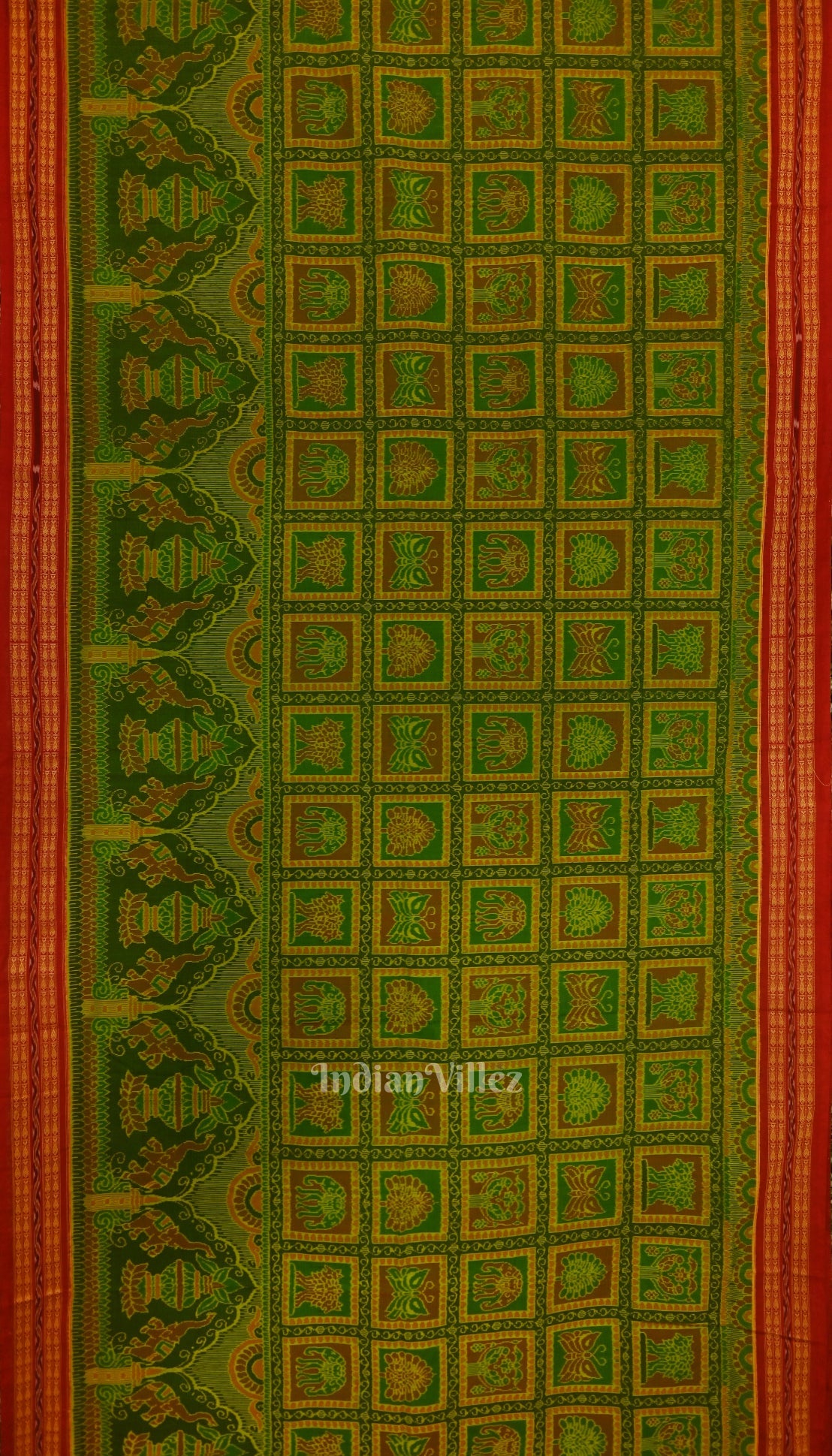 Parrot Green with Pure Red Sambalpuri Ikat Silk*Cotton (Bapta) Saree