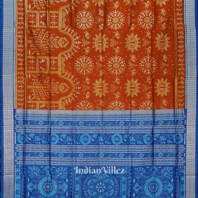 Orange Blue Tribal Theme Odisha Ikat Pure Sambalpuri Silk Saree