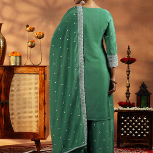 Green Embroidered Silk Blend Straight Suit With Dupatta