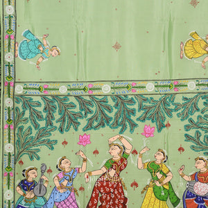Pista Green Odishi Dancer Hand-Painted Pattachitra Saree